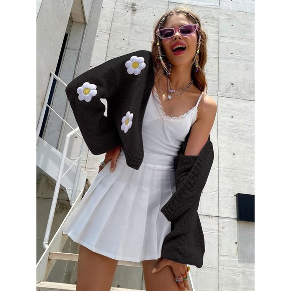 Womens Long Sleeve Open Front Flower Knit Cardigan Aesthetic Shrug Outfits - Picture 2 of 6